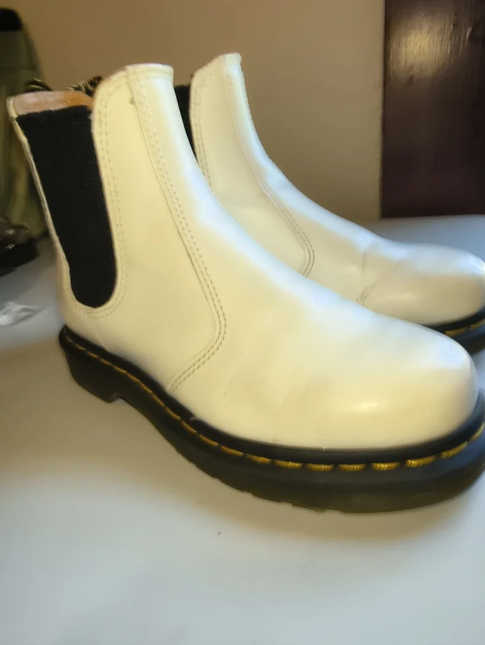 Dr. Martens White Chelsea Boots with Black Elastic and Yellow Stitching